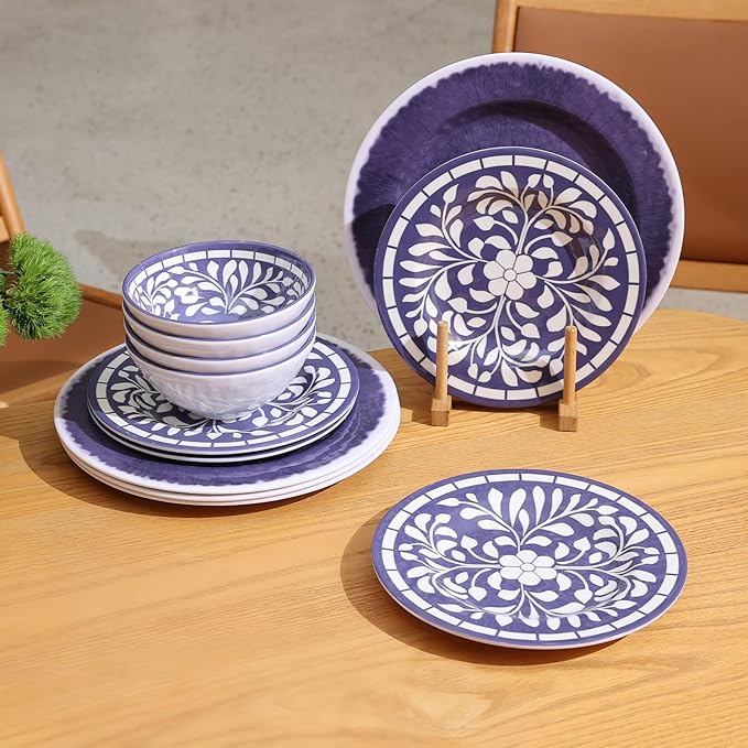 Melamine Dinnerware Set 12 Pieces Plates and Bowls Set Unbreakable Dish SetLightweightCampingDishwasher SafeService for 4 Blue-purple