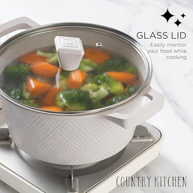 Country Kitchen Non-Stick Cast Aluminum Cookware Set - Durable Kitchen Cookware for Everyday Cooking Cream Rhombus 11 Pc.