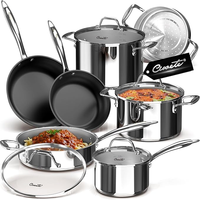 11-Piece Stainless Steel Pots and Pans Set Non Stick Tri-Ply Stainless Steel Cookware Set Induction Kitchen Cookware Sets with Steamer Insert &amp Stay-Cool Handles Dishwasher Oven Safe