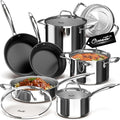 11-Piece Stainless Steel Pots and Pans Set Non Stick Tri-Ply Stainless Steel Cookware Set Induction Kitchen Cookware Sets with Steamer Insert &amp Stay-Cool Handles Dishwasher Oven Safe