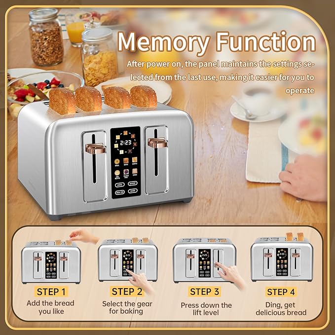 SEEDEEM Toaster 4 Slice Stainless Toaster &amp Touch Control LCD Display 6 Bread Type 7 Shade Settings 1.5'' Wide Slots Cancel/Defrost/Reheat Removable Crumb Tray 1800W Silver Metallic
