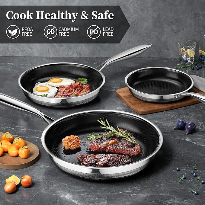 Innerwell Nonstick Frying Pans 8 Inch Hybrid Tri-Ply Stainless Steel Frying Pan Skillet Titanium Ceramic Nonstick Cooking PanPFAS/PFOA/PTFE FreeCompatible with All Cooktops