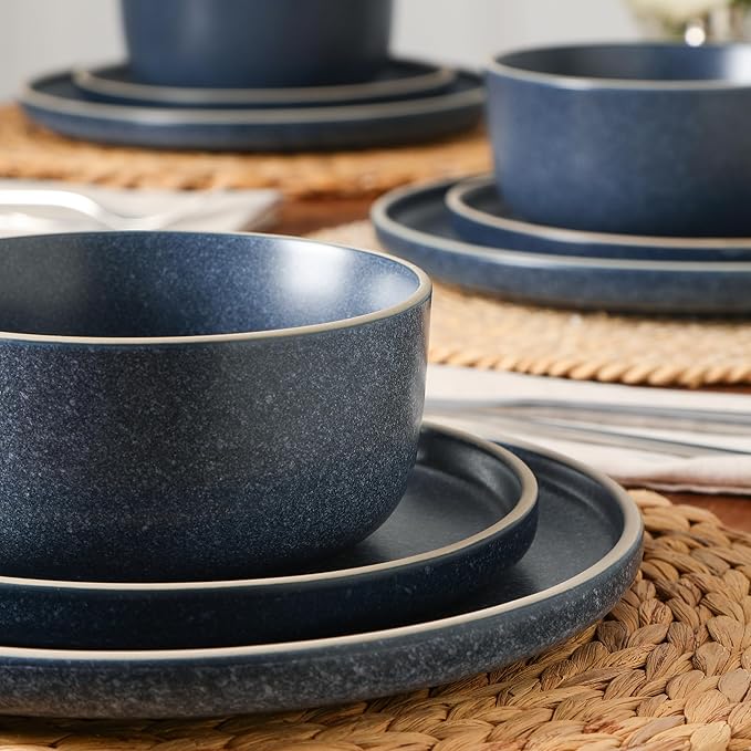Earth &amp Clay Amber 12-Piece Dinnerware Set Stoneware Dishwasher and Microwave Safe Plates and Bowls Set Dish Set for 4 Blue