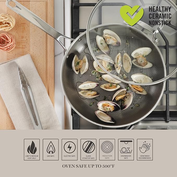 Martha Stewart Badgley Hybrid Nonstick 12 Inch TriPly Stainless Steel Large Fry Pan With Lid &amp Stay Cool Handle - Laser Etched Non-Toxic Perfect Sear Nonstick Skillet - Dishwasher and Induction Sa