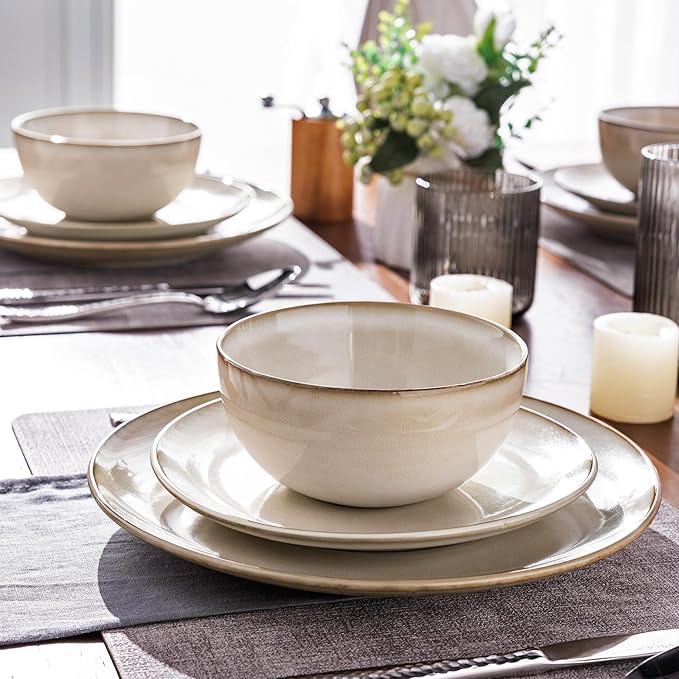 GBHOME Ceramic Dinnerware Sets for 8 24 Pieces Stoneware Plates and Bowls Sets Reactive Glaze Dishes -Scratch Resistant Dishwasher&ampMicrowave Safe-Cappuccino