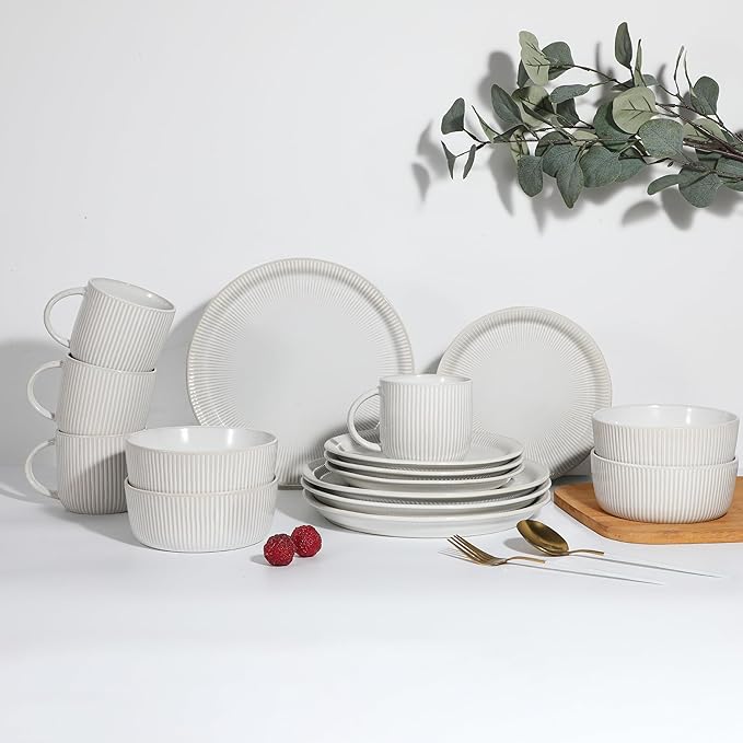 TABLE 12 Dinnerware Set Parchment Embossed Dish Set for 4 with Dinner Plates Dessert and Salad Plate Set Bowl Set and Mugs Simple Modern Kitchenware White 16-Piece