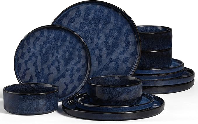 Vesteel Dinnerware Sets 12-Piece Stoneware Plates and Bowls Set Dishes Set for 4 Elegant Ceramic Dinnerware for Home Restaurant - Ocean Blue