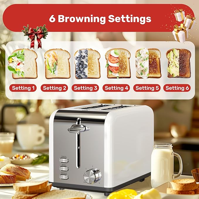 YSSOA Stainless Steel Toaster 2 Slice with Extra Wide Slot &amp Removable Crumb Tray 6 Shade Settings and Bagel/Defrost/Cancel Functions Compact Oven for Various Bread &amp Waffle White New