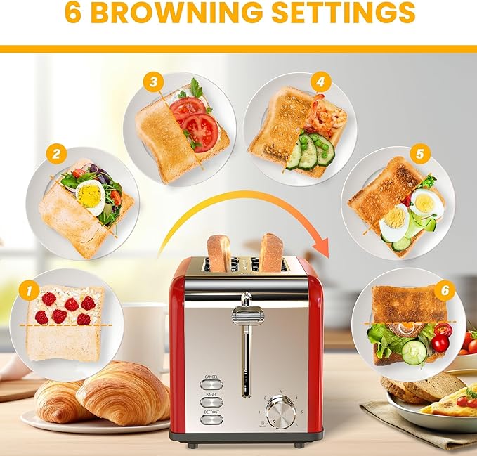 Simple Deluxe 2-Slice Toaster 6 Browning Setting and 3 Function Stainless Steel Toaster Extra Wide Slot &amp Removable Crumb Tray for Bread &amp Waffle Red