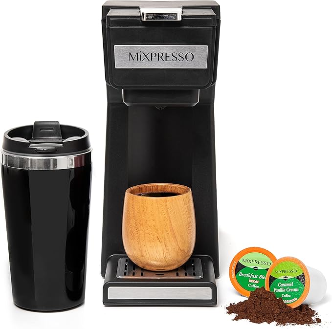 Mixpresso Coffee Maker Single Serve For Ground Coffee &amp Compatible With K Cup Pods With 14oz Travel Mug &amp Reusable Filter For Home Office &amp Camping.