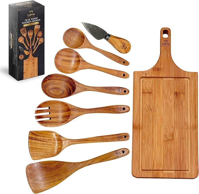 Teak Wooden Cooking Spoons Set -8-Piece Nonstick Cookware - Handmade Wooden Teak-Bamboo Charcuterie Board With Knife - Wooden Kitchen Utensils Ideal Gift Set For WeedingBirthday