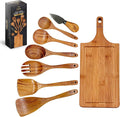 Teak Wooden Cooking Spoons Set -8-Piece Nonstick Cookware - Handmade Wooden Teak-Bamboo Charcuterie Board With Knife - Wooden Kitchen Utensils Ideal Gift Set For WeedingBirthday