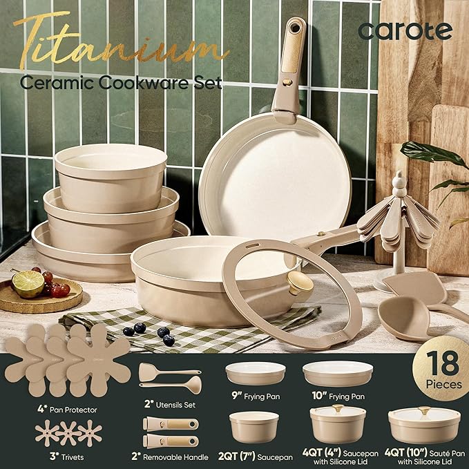 CAROTE 18 Pcs Ceramic Cookware Set Titanium Nonstick with Detachable Handles Non Toxic Cookware Pots and Pans Set Non Stick Removable Handles Induction Available Kitchen Cooking Dishwasher Safe