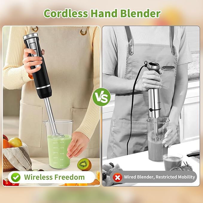 Cordless Immersion Blender Handheld: 4-in-1 Cordless Hand Blender with 500ml Chopper 600ml Beaker Egg Whisk 8 Speeds Hand Stick with USB Rechargeable for Smoothies Baby Food Soup (Black)