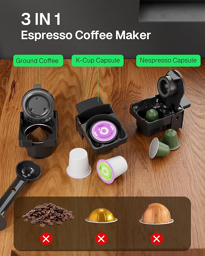 HBN 3-in-1 for Nespresso Capsule &amp K-Cup Pods &amp Ground Coffee Multi Coffee Maker Single Serve 19Bar Programmable One-Touch Brewing Espresso Machine 20oz Removable Water Tank 1450W Fast Heat