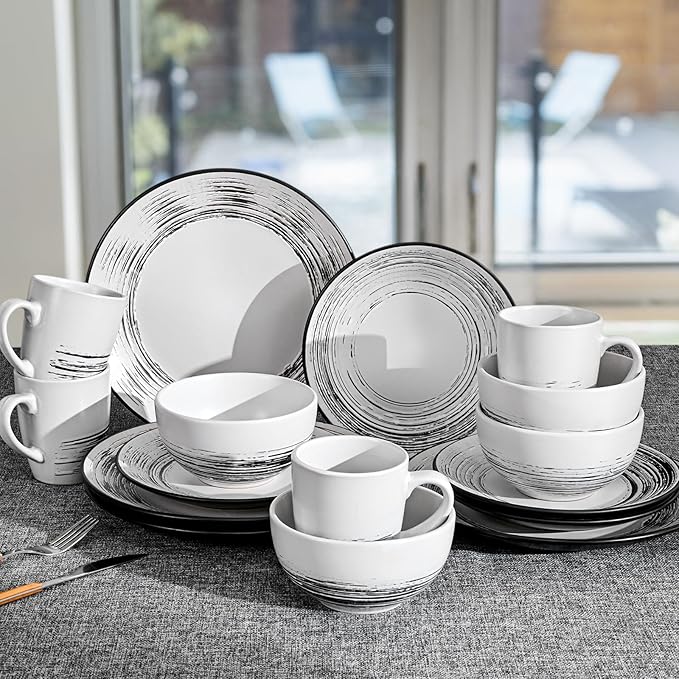 Homlouue 16 Pcs Stoneware Dinnerware Sets for 4 Porcelain Farmhouse Plates Bowls Mugs Set - Minimalist Chip Resistant Dish Set Microwave &amp Dishwasher Safe in White and Black Thread