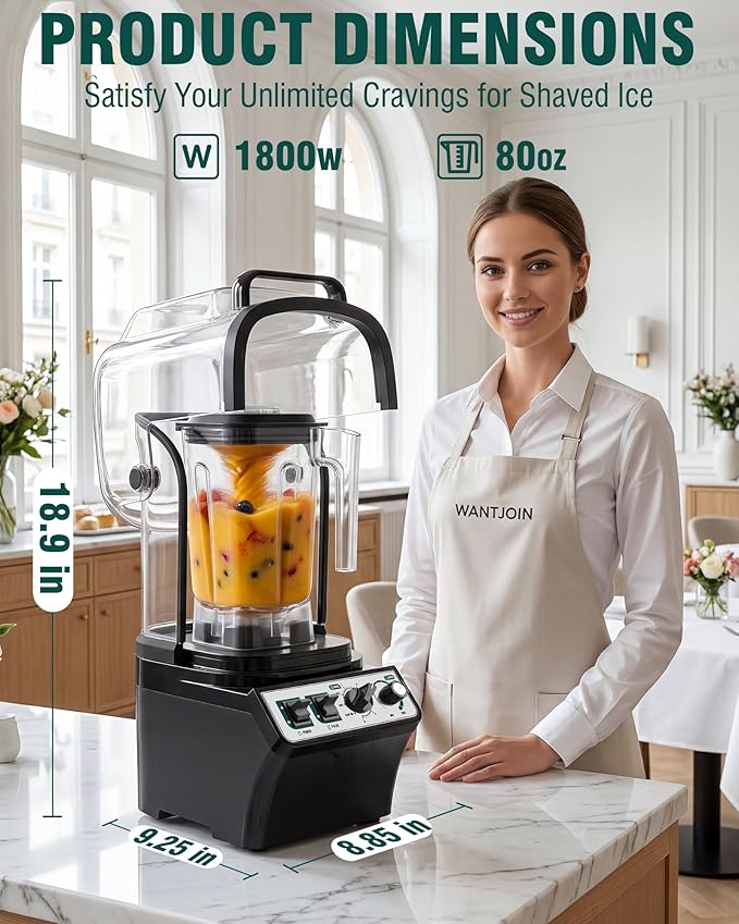 WantJoin Commercial Blender- 80Oz Quiet Smoothie Blender with Soundproof Shield Professional Ice Crusher Heavy Duty with Self-Cleaning High-speed Ice Drink Maker for Restaurant Bars Café Home