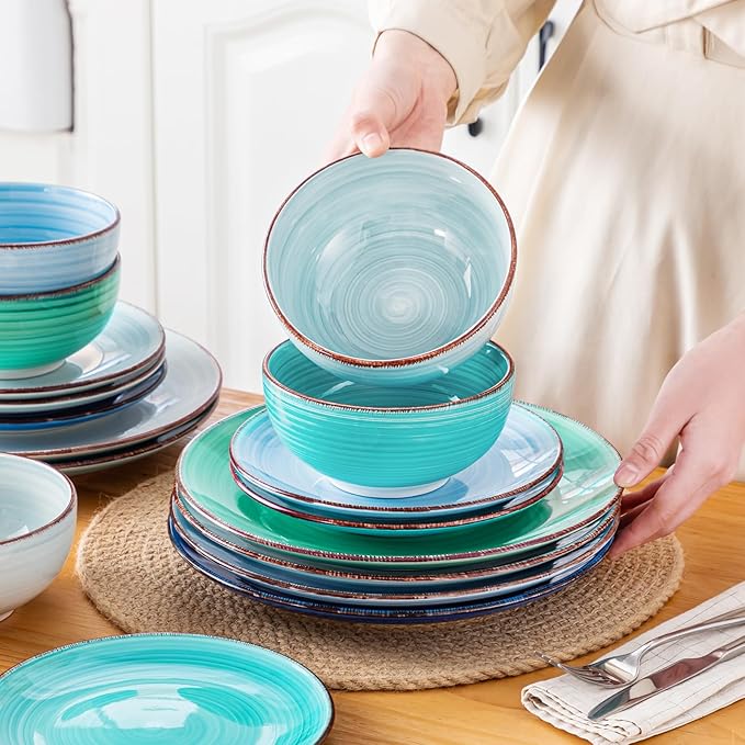 vancasso Bonita Dinnerware Set Blue Stoneware 18 Pieces Service for 6 Handpainted Spirals Pattern Stoneware Plates and Bowls Set