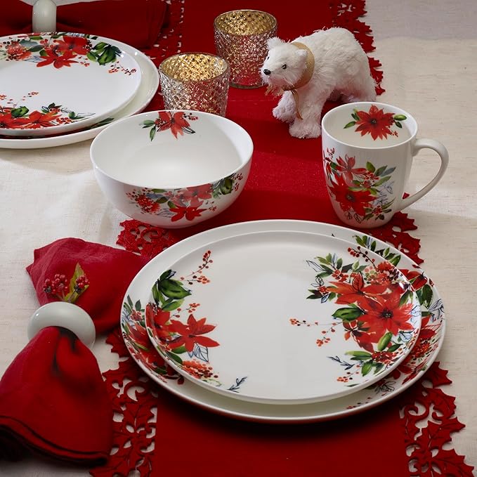 Mikasa Winter Poinsettia Holiday Bone China Lightweight Chip Resistant Dinnerware Set Service for 4