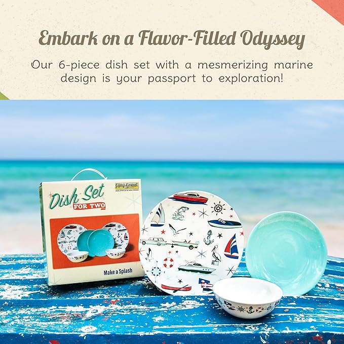 Melamine Dinnerware Sets - 6-pc Marine Dish Set - 2 Bowls 2 Salad &amp 2 Dinner Melamine Plates for Indoor &amp Outdoor - BPA Free Dishwasher Safe Shatter-Res Dinnerware Set - Camping Dishes Cam
