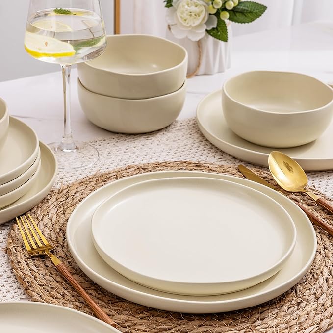 AmorArc Ceramic Dinnerware Sets Wavy Rim Stoneware Plates and Bowls SetsDishwasher &amp Microwave &amp Oven Safe Dishes set Service for 4 (12pc)