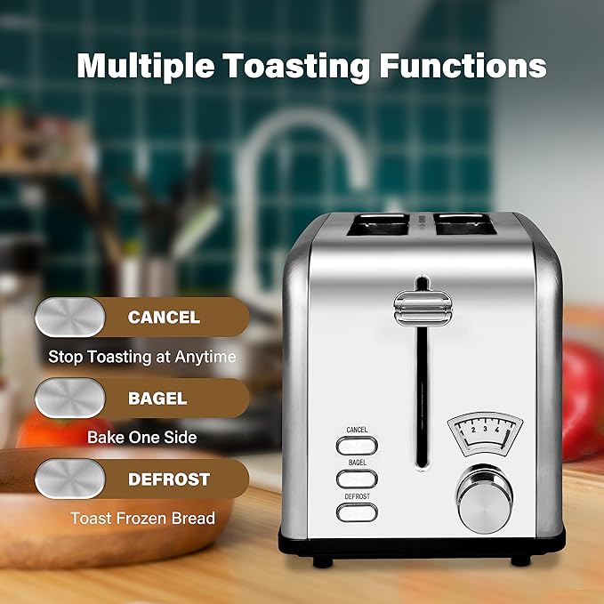 YSSOA 2-Slice Toaster with Extra Wide Slot &amp Removable Crumb Tray 5 Browning Setting and 3 Function: Bagel/Defrost/Cancel Retro Stainless-Steel Style for Bread &amp Waffle Silver