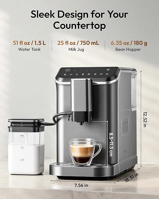 EUHOMY Fully Automatic Espresso Machine 20 Bar Coffee Maker with Grinder and Integrated Milk Frother Automatic Espresso Machine with Touch Screen 15-Grind Settings Coffee Machine for Home Silver