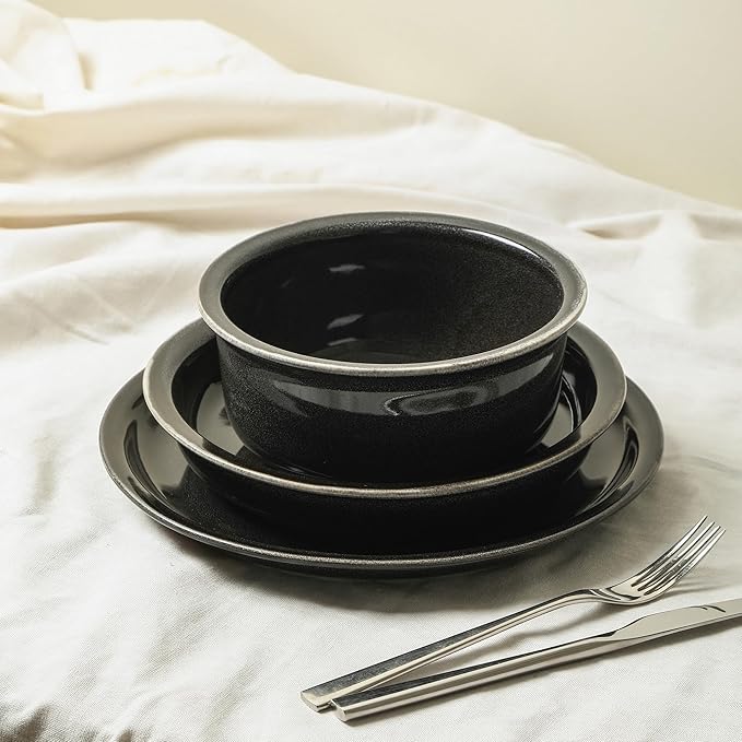 Stone Lain Slate 24-Piece Dinnerware Set Stoneware Plates and Bowls Set Dishwasher and Microwave Safe Dish Set for 8 Black