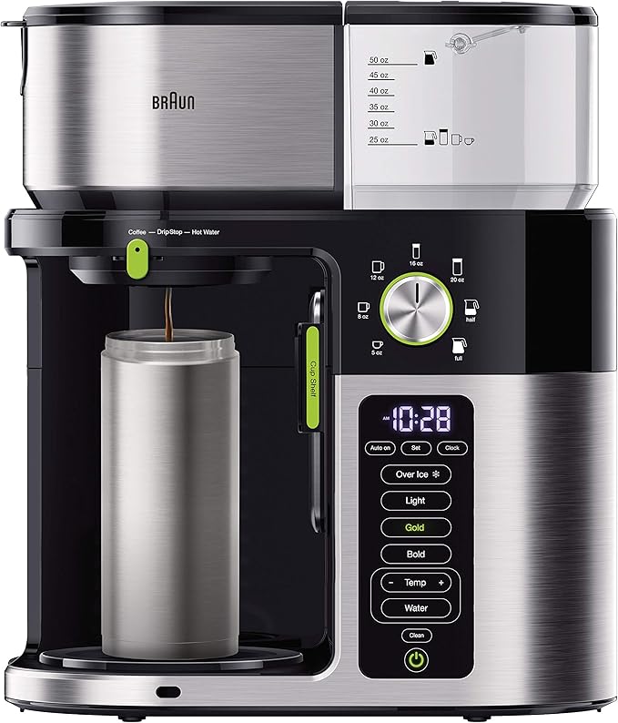 Braun MultiServe Coffee Machine 7 Programmable Brew Sizes / 3 Strengths + Iced Coffee &amp Hot Water for Tea Glass Carafe (10-Cup) Stainless/Black KF9150BK