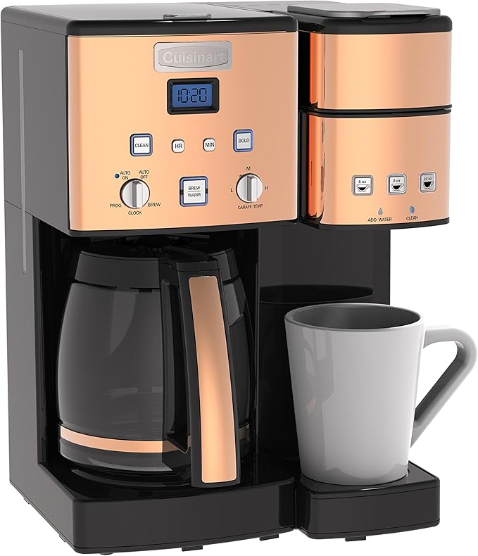 Cuisinart Single Serve + 12 Cup Coffee Maker Offers 3-Sizes: 6-Ounces 8-Ounces and 10-Ounces Stainless Steel SS-15CP Copper