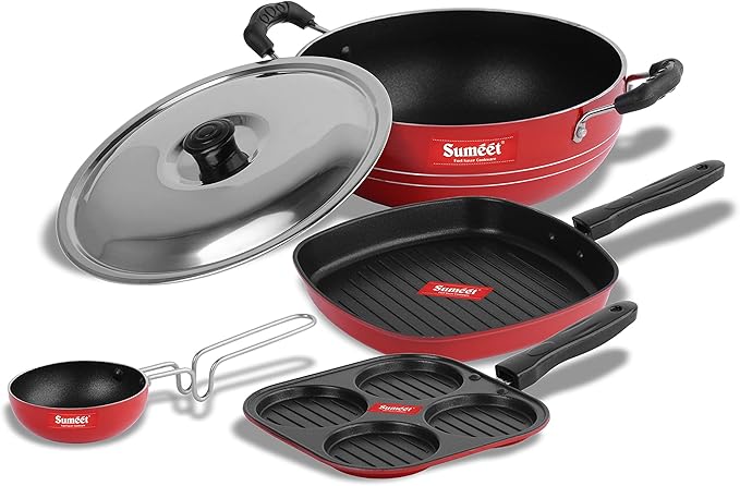 Sumeet Ruz 2.6 mm Thick Non-Stick Cookware Set (Mini Multi Snack Maker 19.5 cm Dia Kadhai with Lid 1.5 Ltr Capacity and 20 cm Dia Grill Pan 1.1 Ltr Capacity and 22 cm Dia Grill Pan 1.1 Ltr)