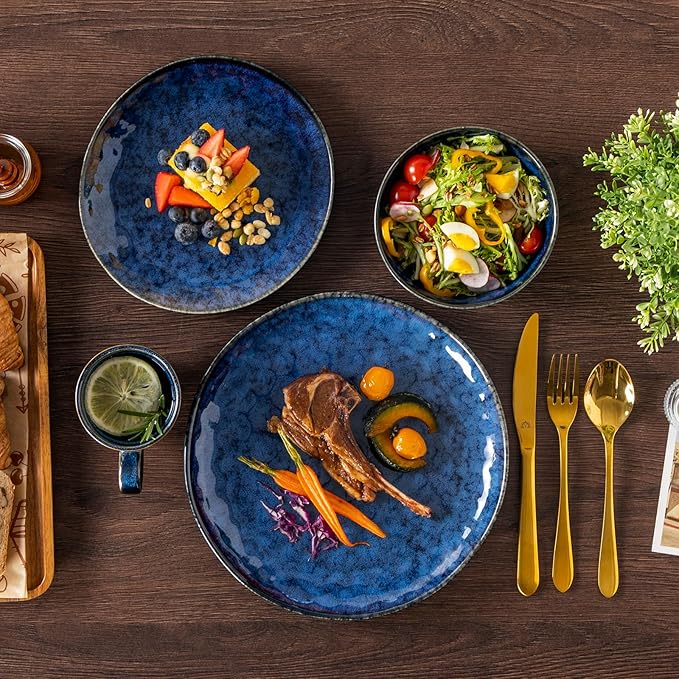 vancasso Starry 16 Pieces Dinnerware Set for 4 Reactive Glaze Blue Stoneware Plates and Bowls Set Dishes Set with Mugs for 4 Microwave &amp Dishwasher Safe