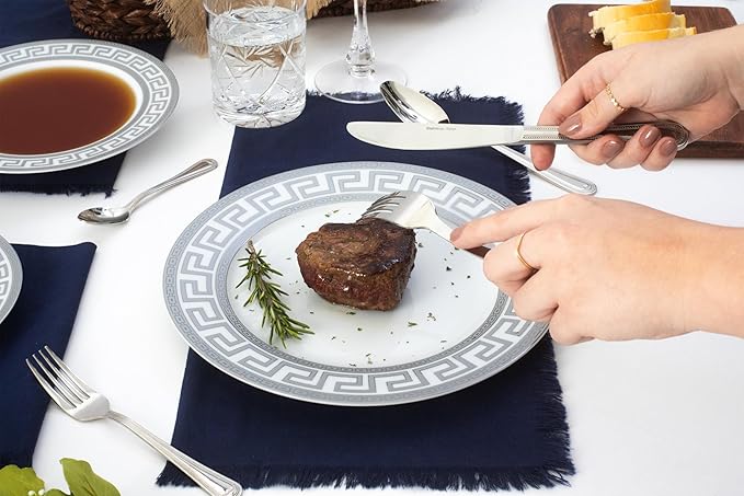 Porcelain Dinnerware Set for 1 - White and Silver Luxurious 4 Piece Greek Key Design - Elegant Dinner Plates with Mugs - Dining Kitchenware for Home Formal Occasions and Everyday Dishes