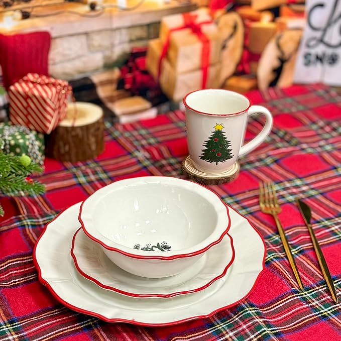 DOMINI 16-Piece Christmas Ceramic Kitchen Dinnerware Set Service for 4 Porcelain Dishes Dinner Set with Dinner Plates Dessert Platescups and Pasta BowlsRound-White Christmas