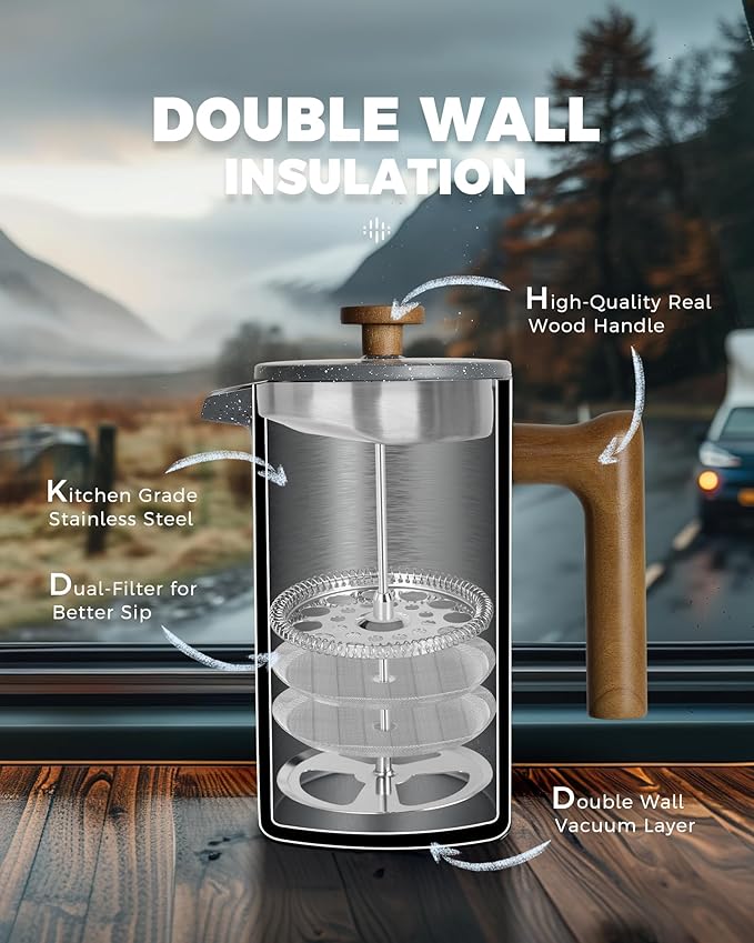 POLIVIAR French Press Coffee Maker 34 Ounce Coffee Press with Real Wood Handle Double Wall Insulation &amp Dual-Filter Screen Food Grade Stainless Steel for Good Coffee and Tea (Lava)