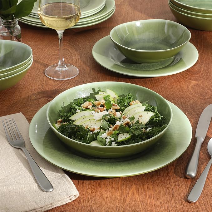 Gibson Home Casper Court 16-Piece Melamine Dinnerware Set – Green Reactive Glaze Look Plates and Bowls Service for 4 – Top Rack Dishwasher Safe Everyday Dining Set