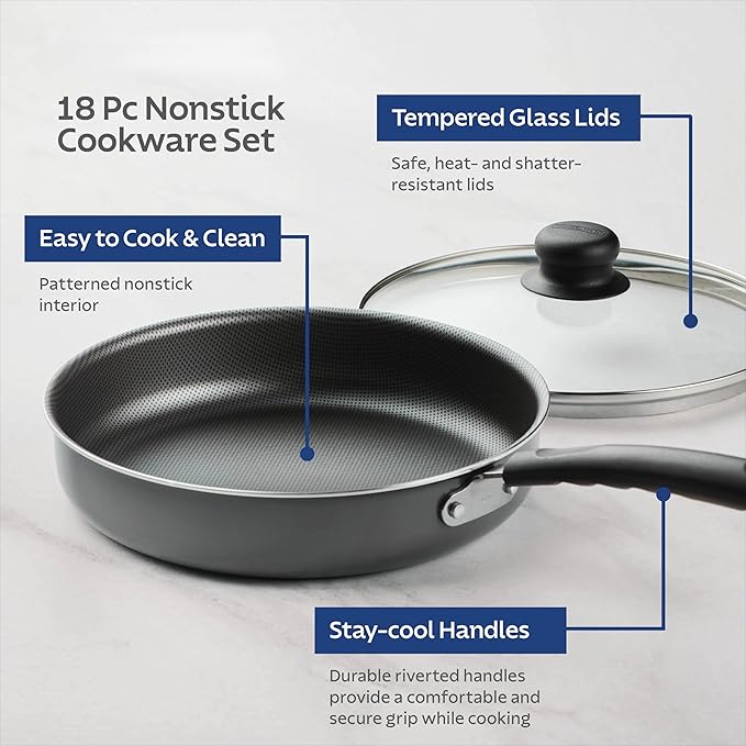 18-Piece Non-Stick Cookware Set Steel Gray Multiple Pots &amp Utensils Included Universal Stove Compatibility Dishwasher Safe