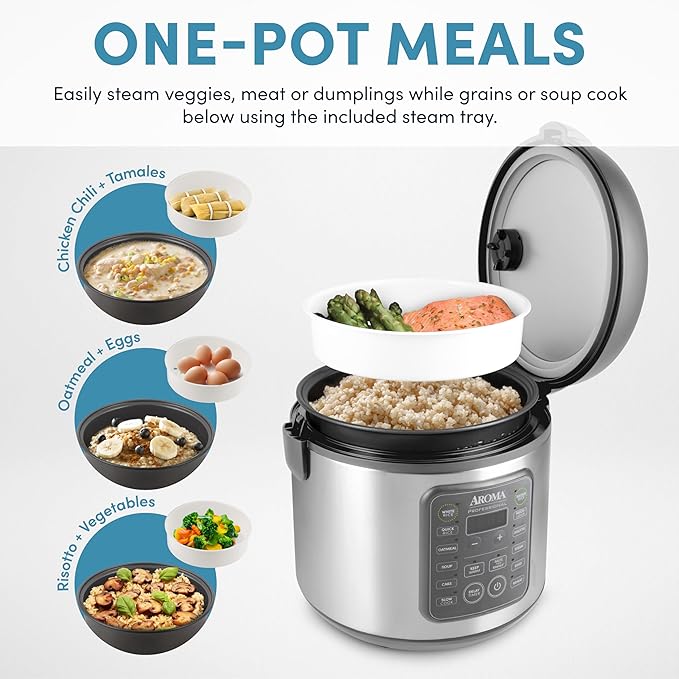 AROMA Professional Digital Rice Cooker 10-Cup (Uncooked) / 20-Cup (Cooked) Multicooker Slow Cooker Steamer Oatmeal Cooker Egg Cooker STS 5 Qt Gray ARC-5200SG