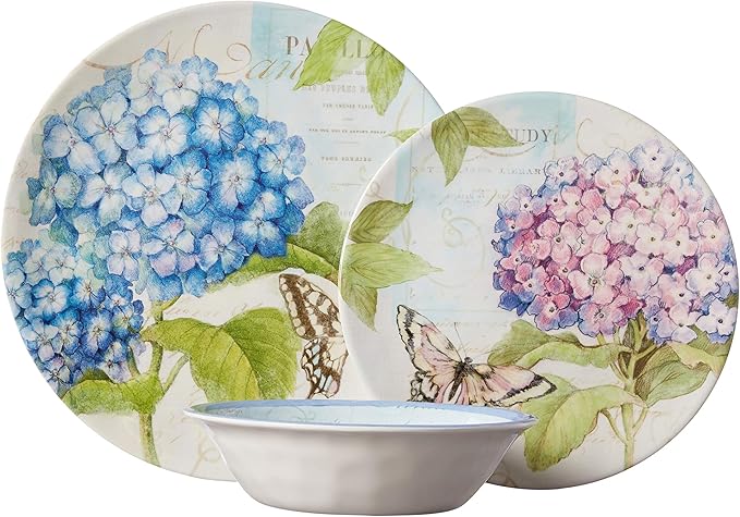 Hydrangea Garden 12 pc Melamine Dinnerware Set Service for 4