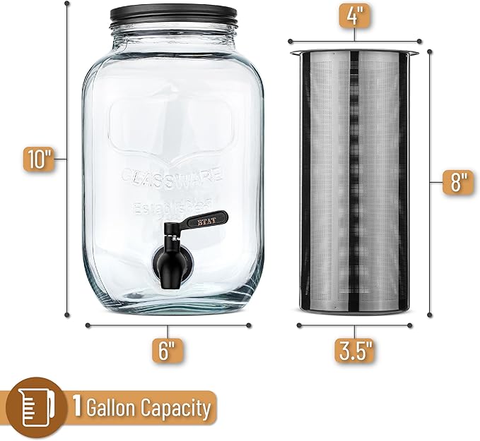 BTaT- 1 Gallon Cold Brew Coffee Maker Thick Glass Pitcher with Stainless Steel Filter Lid &amp Spigot Iced Coffee &amp Sun Tea Brewer Large Mason Jar Cold Brew Container Fast Iced Tea Maker for