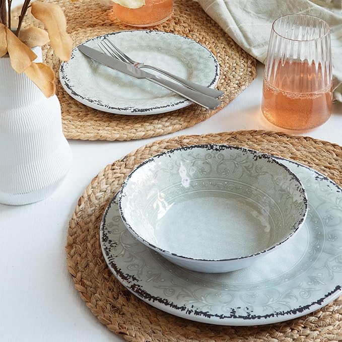 Melamine Dinnerware Sets Service for 4. Unbreakable Dishes. Scratch Resistant Melamine Ware. Plates and Bowls. Dishwasher Safe Platos De Melamina Baroque Design. Beautifully Packaged Gift Box