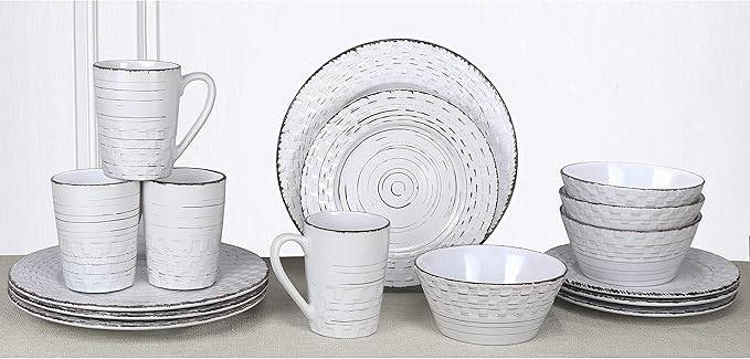 Lorren Home Trends 16 Piece Distressed Weave Dinnerware Set-White