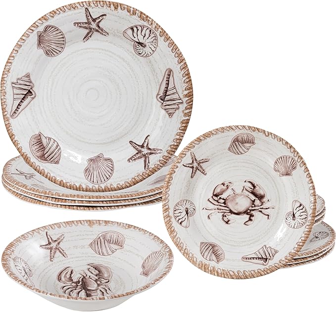 Melamine Dinnerware Sets 12 Piece Rustic Oceanic Theme Outdoor Plates and Bowls Dinnerware Set for Patio Farmhouse Coastal Dishes Dinnerware Set of 4 Great for Camper RV Multicolor