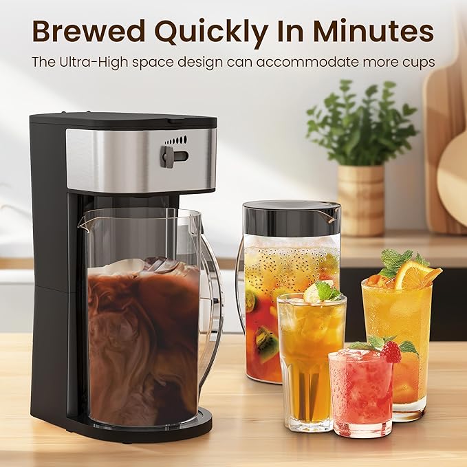 Iced Coffee Tea Maker with Reusable Filter Basket 3 QT Pitcher Iced Tea and Coffee Machine  Tea Makers for Iced Tea Lattes Lemonade and Flavored Water Adjustable Brew Strength Black and Silver
