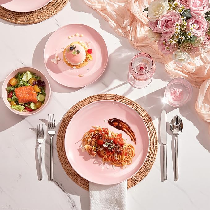 KINGSTONE Bone China Dinnerware Sets 18-Piece Dinnerware Set for 6 Lightweight Durable Dishwasher Safe Tableware for Daily Use with Elegant Design Pink