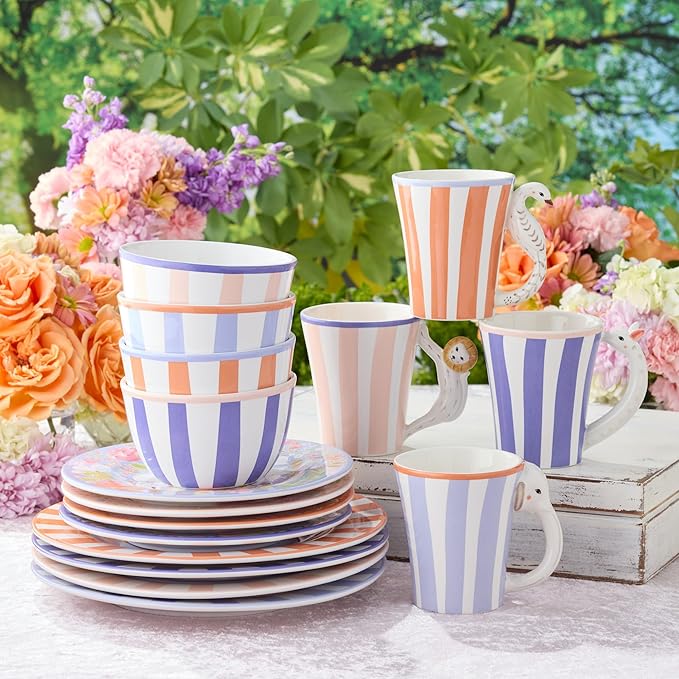 Menagerie 16-Piece Ceramic DINNERWARE SET SERVICE for 4 with Assorted Animal-Themed Dinner Plates Salad Plates 3-D Handle Mugs and Ice Cream Bowls in Pastel Circus Colors