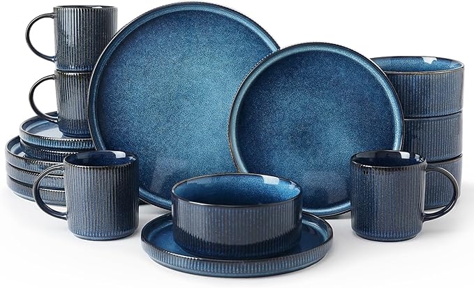 Famiware Star Dinnerware Set with Plates Bowls and Mugs Service for 4 (16-Piece) Stoneware Kitchen Dishes Dinner Plates - Nebulas Blue