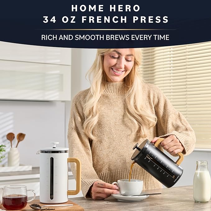 Home Hero French Press Coffee Maker - 34 oz Coffee Press with Bamboo Wood Handle Heat Resistant Thick Borosilicate Glass French Presses 4 Layer Filter French Press Stainless Steel (Black)
