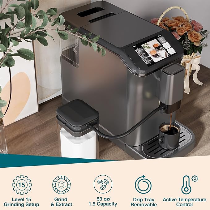 Fully Automatic Espresso Machine With Milk Frother 4-Beverage Cappuccino Coffee Machine With Built-In Grinder and Intuitive Touch Display Coffee Maker Latte Machine Gunmetal