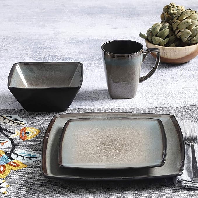 Gibson 101859.16RM Elite Tequesta 16 Piece Square Glazed Durable Dinnerware Set with Plates Bowls &amp Mugs Microwave/Dishwasher Ready Taupe (3 Pack)